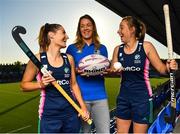 17 September 2019; Hockey Ireland have confirmed that Energia Park in Donnybrook will host two Women’s Olympic Qualifier games against Canada on the 2nd and 3rd November 2019. Energia Park is the home of the Leinster Rugby ‘A’ and Women’s teams. Pictured at the announcement are Ireland Hockey players Emily Beatty, left, and Megan Frazer, with Jamie Deacon of Leinster Rugby, at Energia Park in Donnybrook, Dublin. Photo by Seb Daly/Sportsfile