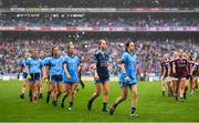 15 September 2019; Dublin captain Sinéad Aherne leads her side in the pre-match parade prior to the TG4 All-Ireland Ladies Football Senior Championship Final match between Dublin and Galway at Croke Park in Dublin. Photo by Stephen McCarthy/Sportsfile