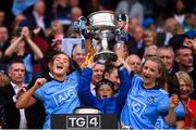 15 September 2019; Sarah Fagan, left, and Caoimhe O'Connor of Dublin lift the Brendan Martin Cup following the TG4 All-Ireland Ladies Football Senior Championship Final match between Dublin and Galway at Croke Park in Dublin. Photo by Stephen McCarthy/Sportsfile