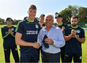 17 September 2019; Harry Tector, left, is presented with his cap by Alan Lewis prior to the T20 International Tri Series match between Ireland and Scotland at Malahide Cricket Club in Dublin. Photo by Seb Daly/Sportsfile