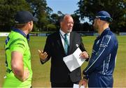 17 September 2019; Match referee Gerrie Pienaar, centre, with captains Gary Wilson of Ireland, left, and Kyle Coetzer of Scotland prior to the T20 International Tri Series match between Ireland and Scotland at Malahide Cricket Club in Dublin. Photo by Seb Daly/Sportsfile