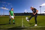 17 September 2019; Republic of Ireland internationals Louise Quinn, right, and Jess Gargan pictured at the launch of ticket sales for Republic of Ireland's UEFA Women's EURO 2021 Qualifier against Ukraine, in partnership with the 20x20 campaign, at Tallaght Stadium in Dublin. Tickets are now available at fai.ie/tickets  Photo by Stephen McCarthy/Sportsfile