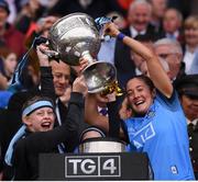 15 September 2019; Éabha Rutledge of Dublin lifts the Brendan Martin Cup following the TG4 All-Ireland Ladies Football Senior Championship Final match between Dublin and Galway at Croke Park in Dublin. Photo by Stephen McCarthy/Sportsfile