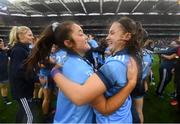15 September 2019; Sarah Fagan, left, and Kate Sullivan of Dublin celebrate following the TG4 All-Ireland Ladies Football Senior Championship Final match between Dublin and Galway at Croke Park in Dublin. Photo by Stephen McCarthy/Sportsfile