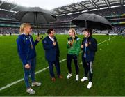 15 September 2019; MC Marty Morrissey with rower Sanita Puspure, and boxers Amy Broadhurst and Michaela Walsh during the TG4 All-Ireland Ladies Football Senior Championship Final match between Dublin and Galway at Croke Park in Dublin. Photo by Stephen McCarthy/Sportsfile
