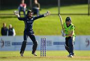 17 September 2019; Matthew Cross of Scotland celebrates after Lorcan Tucker of Ireland is trapped lbw by Mark Watt during the T20 International Tri Series match between Ireland and Scotland at Malahide Cricket Club in Dublin. Photo by Seb Daly/Sportsfile