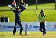 17 September 2019; Matthew Cross of Scotland celebrates after Lorcan Tucker of Ireland is trapped lbw by Mark Watt during the T20 International Tri Series match between Ireland and Scotland at Malahide Cricket Club in Dublin. Photo by Seb Daly/Sportsfile