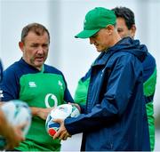 18 September 2019; Head coach Joe Schmidt discusses match balls with kicking coach Richie Murphy during Ireland Rugby squad training at the Ichihara Suporeku Park in Ichihara, Japan. Photo by Brendan Moran/Sportsfile