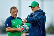 18 September 2019; Head coach Joe Schmidt discusses match balls with kicking coach Richie Murphy during Ireland Rugby squad training at the Ichihara Suporeku Park in Ichihara, Japan. Photo by Brendan Moran/Sportsfile