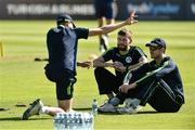18 September 2019; Ireland head coach Graham Ford speaking to Brendan Connor Strength and Conditioning coach of Ireland and George Dockrell of Ireland before the T20 International Tri Series match between Ireland and Netherlands at Malahide Cricket Club in Dublin. Photo by Oliver McVeigh/Sportsfile