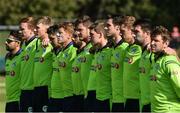 18 September 2019; The Ireland squad stand for 'Ireland's Call' before the T20 International Tri Series match between Ireland and Netherlands at Malahide Cricket Club in Dublin. Photo by Oliver McVeigh/Sportsfile