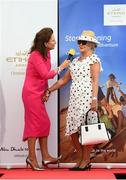 18 September 2019; Liz Farrell from Carlow is interviewed by Celia Holman Lee before being announced as Etihad Airways’ ‘Best Dressed Country Style’ winner at the National Ploughing Championship in Ballintrane, Fenagh, Co. Carlow. This year’s prize includes two return economy flights from Dublin to Abu Dhabi, a two-night stay in the luxury Yas Hotel built over the F1 Grand Prix race track, a two-night stay in the prominent 5-Star Fairmont Bab Al Bahr and two complimentary 3-park passes for Yas Island. Photo by Stephen McCarthy/Sportsfile