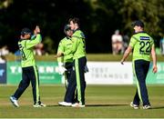 18 September 2019; George Dockrell of Ireland, centre, celebrates after taking a wicket during the T20 International Tri Series match between Ireland and Netherlands at Malahide Cricket Club in Dublin. Photo by Oliver McVeigh/Sportsfile