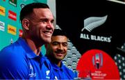 19 September 2019; Ryan Crotty, left, and Richie Mo'unga during a New Zealand All Blacks press conference at the Conrad Hotel Tokyo in Minato, Japan.  Photo by Brendan Moran/Sportsfile