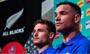 19 September 2019; George Bridge, left, and Ryan Crotty  during a New Zealand All Blacks press conference at the Conrad Hotel Tokyo in Minato, Japan.  Photo by Brendan Moran/Sportsfile