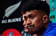 19 September 2019; Ardie Savea during a New Zealand All Blacks press conference at the Conrad Hotel Tokyo in Minato, Japan.  Photo by Brendan Moran/Sportsfile