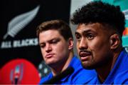 19 September 2019; Ardie Savea, right, and Scott Barrett during a New Zealand All Blacks press conference at the Conrad Hotel Tokyo in Minato, Japan.  Photo by Brendan Moran/Sportsfile
