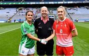 15 September 2019; Referee Kevin Phelan with team captains Joanne Doonan of Fermanagh and Kate Flood of Louth before the TG4 All-Ireland Ladies Football Junior Championship Final match between Fermanagh and Louth at Croke Park in Dublin. Photo by Piaras Ó Mídheach/Sportsfile