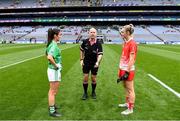 15 September 2019; Referee Kevin Phelan with team captains Joanne Doonan of Fermanagh and Kate Flood of Louth before the TG4 All-Ireland Ladies Football Junior Championship Final match between Fermanagh and Louth at Croke Park in Dublin. Photo by Piaras Ó Mídheach/Sportsfile