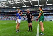 15 September 2019; Referee Jonathan Murphy with team captains Samantha Lambert of Tipperary and Máire O'Shaughnessy of Meath before the TG4 All-Ireland Ladies Football Intermediate Championship Final match between Meath andTipperary at Croke Park in Dublin. Photo by Piaras Ó Mídheach/Sportsfile