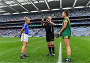 15 September 2019; Referee Jonathan Murphy with team captains Samantha Lambert of Tipperary and Máire O'Shaughnessy of Meath before the TG4 All-Ireland Ladies Football Intermediate Championship Final match between Meath andTipperary at Croke Park in Dublin. Photo by Piaras Ó Mídheach/Sportsfile