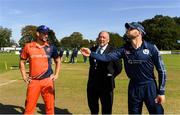 19 September 2019; Kyle Coetzer of Scotland tosses the coin with Pieter Seelaar of Netherlands prior to the T20 International Tri Series match between Scotland and Netherlands at Malahide Cricket Club in Dublin. Photo by Harry Murphy/Sportsfile