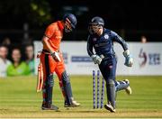 19 September 2019; Matthew Cross of Scotland celebrates after stumping out Pieter Seelaar of Netherlands during the T20 International Tri Series match between Scotland and Netherlands at Malahide Cricket Club in Dublin. Photo by Harry Murphy/Sportsfile