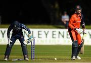 19 September 2019; Fred Klaassen of Netherlands is bowled out by Hamza Tahir of Scotland during the T20 International Tri Series match between Scotland and Netherlands at Malahide Cricket Club in Dublin. Photo by Harry Murphy/Sportsfile