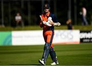 19 September 2019; Fred Klaassen of Netherlands walks off after being bowled out by Hamza Tahir of Scotland during the T20 International Tri Series match between Scotland and Netherlands at Malahide Cricket Club in Dublin. Photo by Harry Murphy/Sportsfile