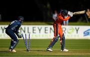 19 September 2019; Fred Klaassen of Netherlands is bowled out by Hamza Tahir of Scotland during the T20 International Tri Series match between Scotland and Netherlands at Malahide Cricket Club in Dublin. Photo by Harry Murphy/Sportsfile