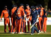 19 September 2019; Kyle Coetzer of Scotland leaves the field after being caught out by Brandon Glover of Netherlands during the T20 International Tri Series match between Scotland and Netherlands at Malahide Cricket Club in Dublin. Photo by Harry Murphy/Sportsfile