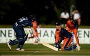 19 September 2019; Richie Berrington of Scotland returns to the crease as Scott Edwards of Netherlands attempts to stump during the T20 International Tri Series match between Scotland and Netherlands at Malahide Cricket Club in Dublin. Photo by Harry Murphy/Sportsfile