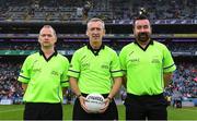 15 September 2019; Referee Brendan Rice, centre, with his officials Garryowen McMahon and Séamus Mulvihill, right, before the TG4 All-Ireland Ladies Football Senior Championship Final match between Dublin and Galway at Croke Park in Dublin. Photo by Piaras Ó Mídheach/Sportsfile
