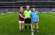15 September 2019; Referee Brendan Rice with team captains Tracey Leonard of Galway and Sinéad Aherne of Dublin before the TG4 All-Ireland Ladies Football Senior Championship Final match between Dublin and Galway at Croke Park in Dublin. Photo by Piaras Ó Mídheach/Sportsfile