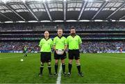 15 September 2019; Referee Brendan Rice, centre, with his officials Garryowen McMahon and Séamus Mulvihill, right, before the TG4 All-Ireland Ladies Football Senior Championship Final match between Dublin and Galway at Croke Park in Dublin. Photo by Piaras Ó Mídheach/Sportsfile