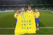 13 October 2004; The Snickers FIFA Fair Play Kids, from left, Eoin Murchan, age 8, Stewart Lynch, age 9, from Walkinstown, Graham Hatton, age 10, from Coolock and Evan Gaffney, age 7, from Malahide. FIFA 2006 World Cup Qualifier, Republic of Ireland v Faroe Islands, Lansdowne Road, Dublin. Photo by Brendan Moran/Sportsfile