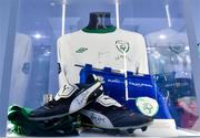 19 September 2019; A detailed view of exhibits belonging to Richard Dunne's footballing career on show during the National Football Exhibition launch at the Regional Cultural Centre in Letterkenny, Donegal. Photo by Oliver McVeigh/Sportsfile