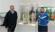 19 September 2019; Aidan Campbell and Shane Elliott from Finn Harps Football Club stand alongside the SSE Airtricity League Premier Division trophy and the FAI Cup which are on show at the National Football Exhibition launch in the Regional Cultural Centre, Letterkenny, Donegal. Photo by Oliver McVeigh/Sportsfile