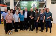 19 September 2019; Fr Michael Sweeney, a founding member of Fanad United, the Donegal League and Ulster Senior League, after being presented with a National Football Exhibition Grassroots Hero award, with former Republic of Ireland International Ray Houghton and members of Fanad United at the National Football Exhibition launch in the Regional Cultural Centre, Letterkenny, Donegal. Photo by Oliver McVeigh/Sportsfile