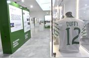 19 September 2019; A detailed view of an exhibit featuring a jersey worn by Donegal born Republic of Ireland internatioanl Shane Duffy during the National Football Exhibition launch at the Regional Cultural Centre in Letterkenny, Donegal. Photo by Oliver McVeigh/Sportsfile