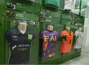 19 September 2019; A detailed view of an exhibit featuring Republic of Ireland jerseys during the National Football Exhibition launch at the Regional Cultural Centre in Letterkenny, Donegal. Photo by Oliver McVeigh/Sportsfile