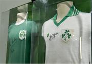 19 September 2019; A detailed view of an exhibit featuring a John Giles signed jersey during the National Football Exhibition launch at the Regional Cultural Centre in Letterkenny, Donegal. Photo by Oliver McVeigh/Sportsfile