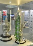 19 September 2019; An exhibit featuring the SSE Airtricity League Premier Divison trophy and the FAI Cup during the National Football Exhibition launch at the Regional Cultural Centre in Letterkenny, Donegal. Photo by Oliver McVeigh/Sportsfile