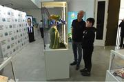 19 September 2019; Jonathan Adair and his son Thomas, from Buncrana, Co Donegal, look on at exhibts during the National Football Exhibition launch at the Regional Cultural Centre in Letterkenny, Donegal. Photo by Oliver McVeigh/Sportsfile