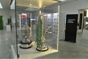 19 September 2019; An exhibit featuring the SSE Airtricity League Premier Divison trophy and the FAI Cup during the National Football Exhibition launch at the Regional Cultural Centre in Letterkenny, Donegal. Photo by Oliver McVeigh/Sportsfile