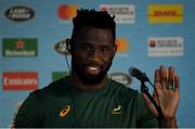 20 September 2019; Captain Siya Kolisi during a South Africa press conference ahead of their opening Pool B game against New Zealand at the International Stadium in Yokohama, Japan.  Photo by Ramsey Cardy/Sportsfile