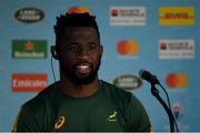 20 September 2019; Captain Siya Kolisi during a South Africa press conference ahead of their opening Pool B game against New Zealand at the International Stadium in Yokohama, Japan.  Photo by Ramsey Cardy/Sportsfile