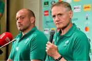 20 September 2019; Ireland head coach Joe Schmidt, right, in the company of captain Rory Best, during the Ireland Rugby squad announcement, ahead of their opening Pool A game against Scotland, at the Yokohama Bay Sheraton Hotel and Towers in Yokohama, Japan. Photo by Brendan Moran/Sportsfile