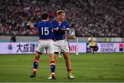 20 September 2019; Kirill Golosnitskiy  of Russia celebrates his side's first try with his team-mate Vasily Artemyev during the 2019 Rugby World Cup Pool A match between Japan and Russia at the Tokyo Stadium in Chofu, Japan. Photo by Brendan Moran/Sportsfile