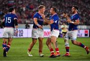 20 September 2019; Kirill Golosnitskiy of Russia, second from left, celebrates his side's first try with his team-mates during the 2019 Rugby World Cup Pool A match between Japan and Russia at the Tokyo Stadium in Chofu, Japan. Photo by Brendan Moran/Sportsfile